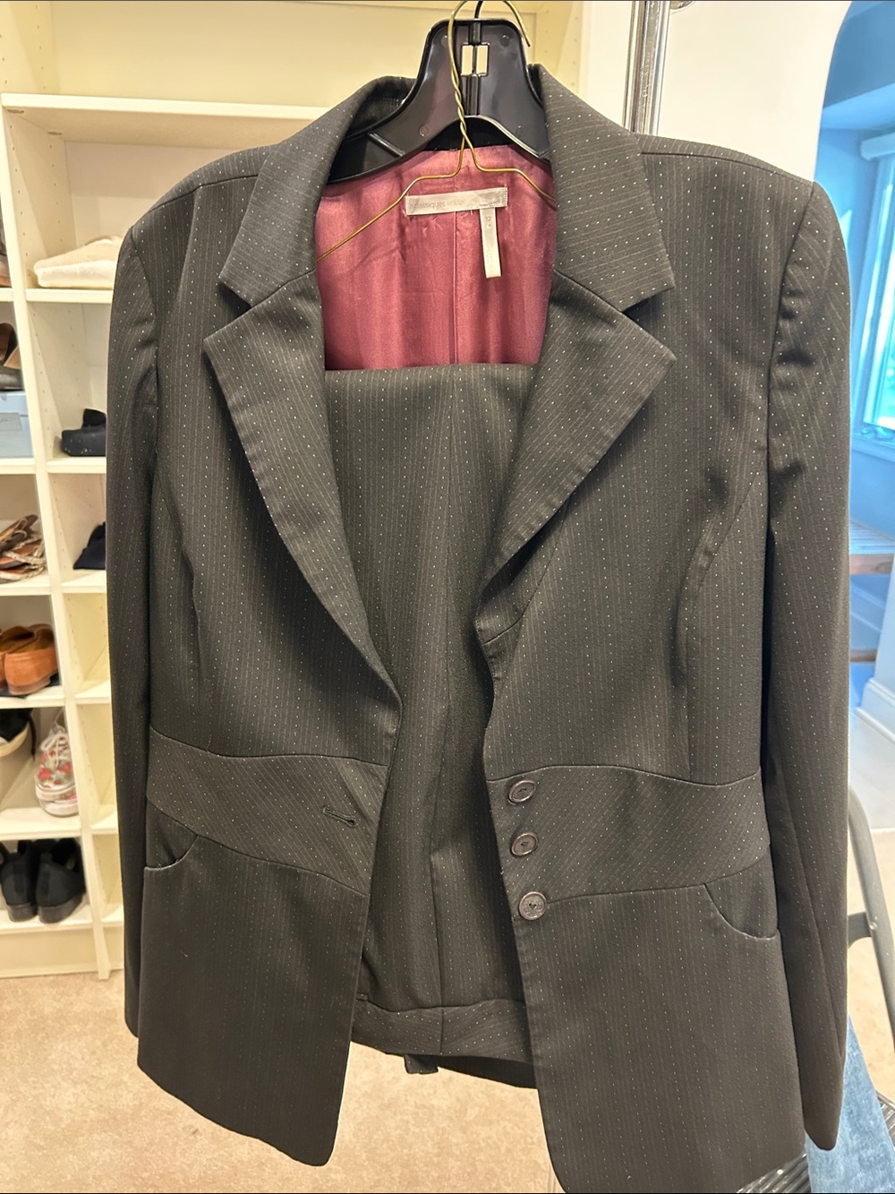 Classiques Entier Black Pinstriped Women's Pantsuit with Burgundy Lining